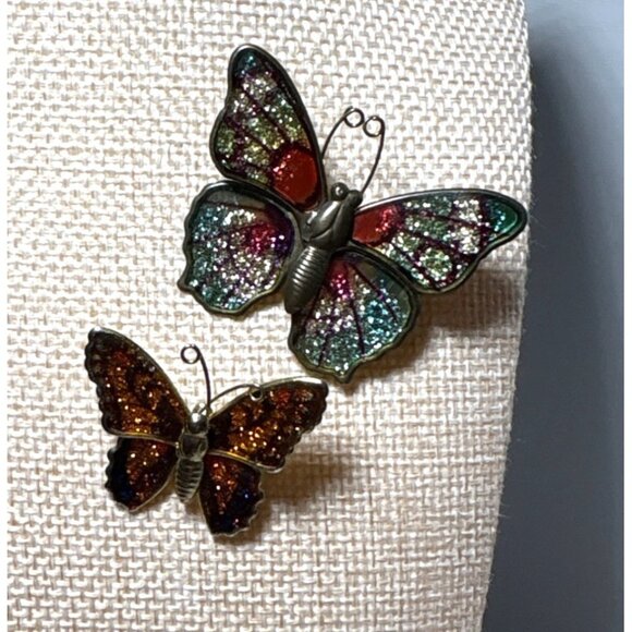 Butterfly Brooch Pin Set of 2 Multicolor Glitter Enamel Beautiful - Picture 1 of 10